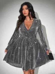 Viva Relle Plus Size Casual Glitter Elegant V-Neck Waist Cinched Dress For Autumn