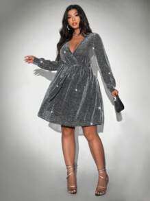 Viva Relle Plus Size Casual Glitter Elegant V-Neck Waist Cinched Dress For Autumn