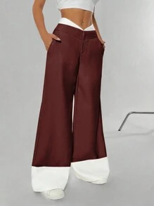SHEIN Unity Women's Autumn Casual Contrast Color Slant Pocket Wide Leg Trouser - Burgundy - View 1
