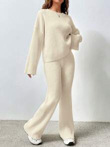 SHEIN Unity 2pcs Women Casual Solid Color Dropped Shoulder Loose Ribbed Knit Sweater And Flared Knit Pants Set - Beige - View 6