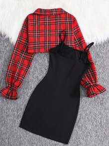 SHEIN Leap Crew Teen Girls 2pcs Set: Red Plaid Cropped Shirt Top And Black Cami Dress, Casual Christmas Party Outfit - Red - View 2