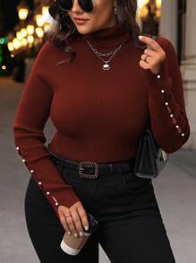 SHEIN Clasi 大码纯色高领长袖仿珍珠装饰简约休闲套头毛衣，适合冬季和秋季穿着。 - 橘色 - 查看 1