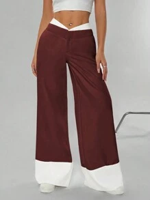 SHEIN Unity Women's Autumn Casual Contrast Color Slant Pocket Wide Leg Trouser - Burgundy - View 5