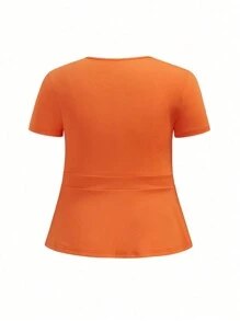 SHEIN Clasi 大码女式镂空领纯色短袖衬衫和格子 A 字裙针织夏季休闲套装 - 橘色 - 查看 5