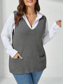 Plus Size V-Neck Loose Knit Sweater Vest Casual, Autumn, For Winter - Dark Grey - View 5