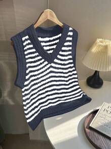 SHEIN Unity 女士条纹针织宽松镂空背心 - 藏蓝色 - 查看 1