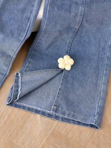 襯領和3D花裝飾紋理襯衫和牛仔褲2件組適合青少年女孩，春夏季 - 黃色 - 查看 6