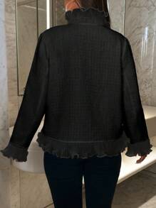 Celure Plus Size Elegant Plain Color Ruffle Collar Double Breasted Jacket, Autumn - Black - View 2