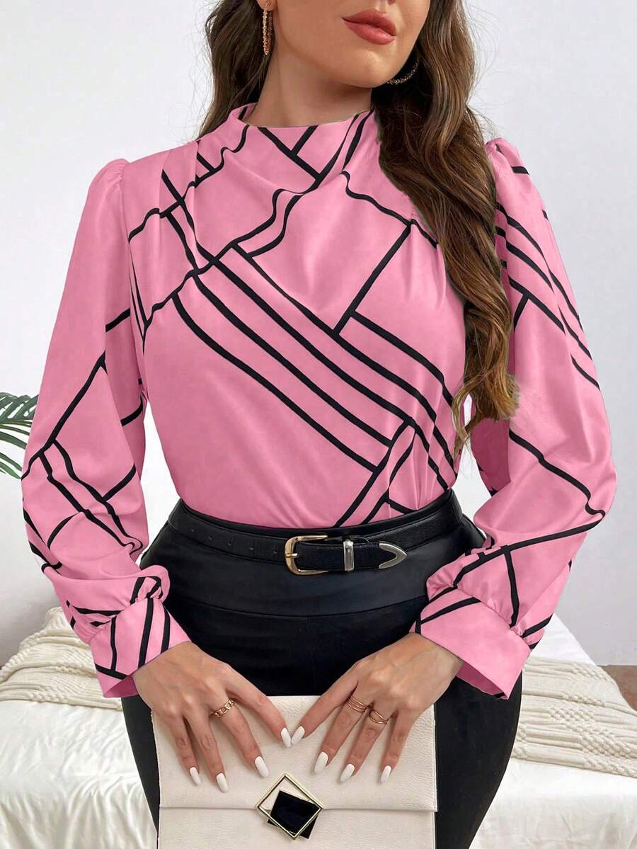 Celure Plus Size Women Casual Patchwork Print Funnel Neck Puff Sleeve Blouse, Spring/Autumn - Pink - View 1
