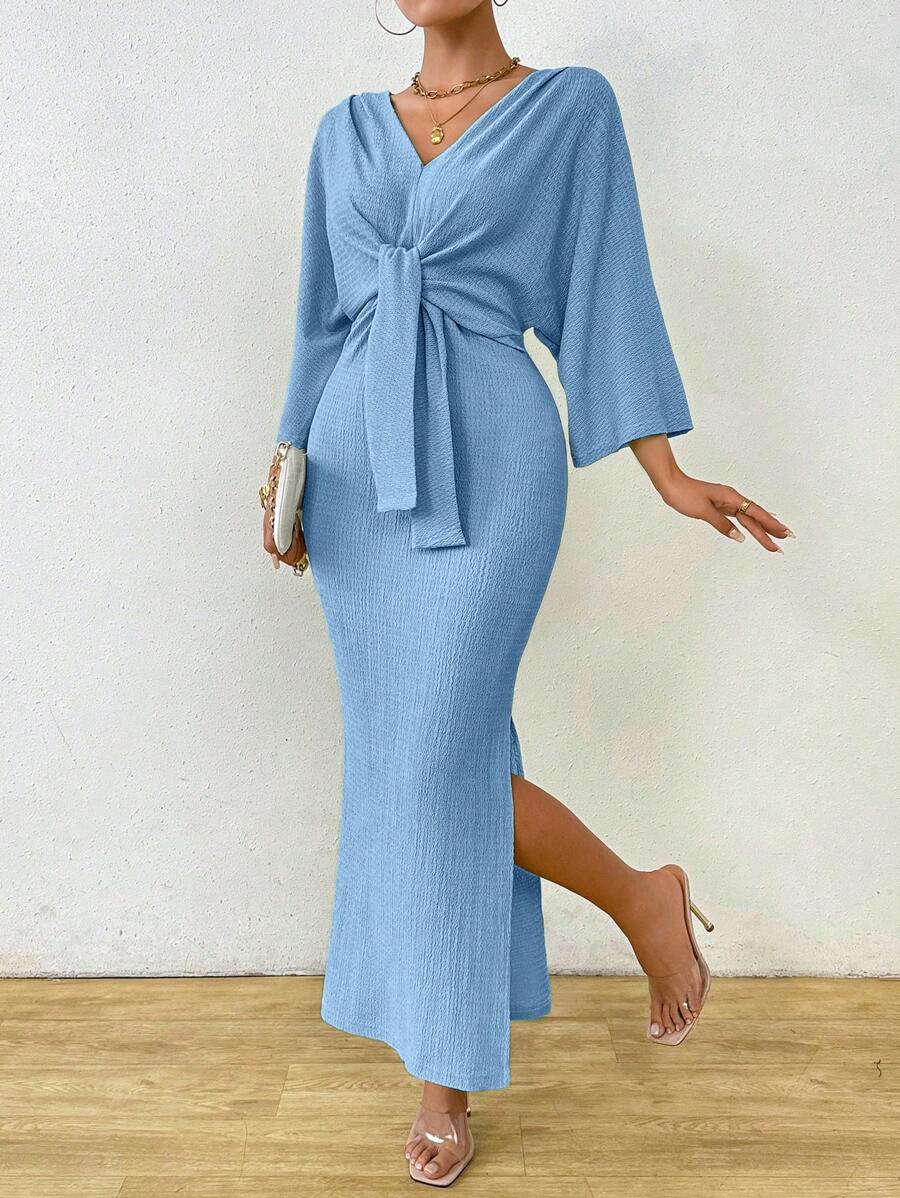 Celisse Women's Solid Color Front Tie Long Sleeve Casual Long Dress With Slit, Minimalist Style Maxi Women Outfit