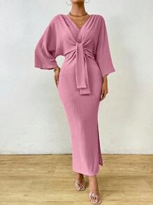 Celisse Đầm Maxi thường ngày tay cánh dơi thắt nút màu trơn thanh lịch dành cho nữ - Hồng - Xem 3