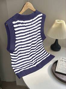 SHEIN Unity 女士条纹针织宽松镂空背心 - 藏蓝色 - 查看 2