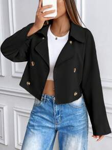 Flirla Women's Minimalist Elegant Short Relaxed Fit Fringe Trim Khaki Trench Coat Fall Winter Cloth For Women