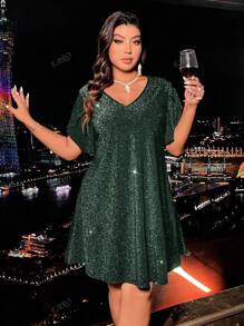 Plus Size Women Elegant V-Neck Petal Sleeve Glitter Mini Dress, Summer