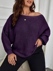 EMERY ROSE Plus Size Women's Solid Color Knitted Line Bat Wing Sleeve Versatile Regular Minimalist Elegant Pullover Sweater, Autumn/Winter Fall - Purple - View 4