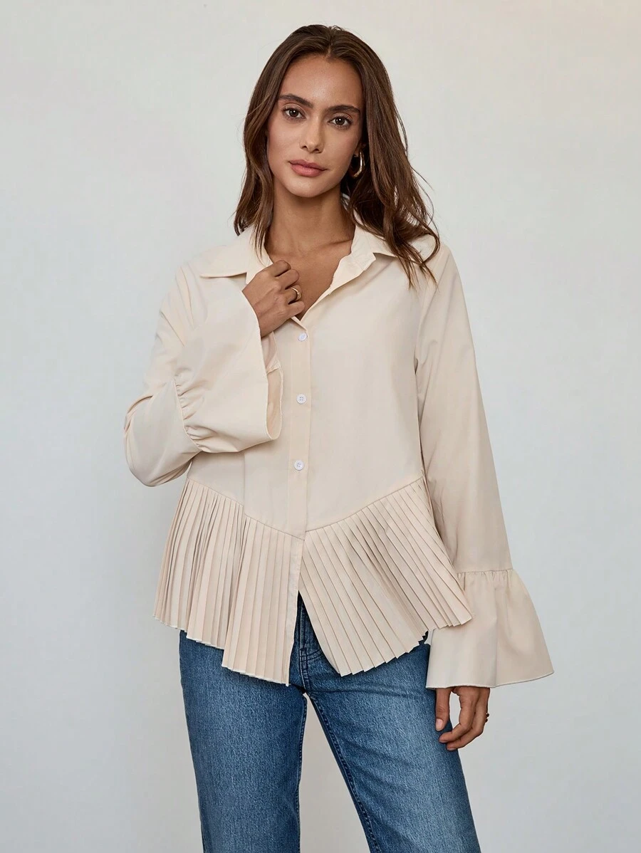 Chiquease Women Ruffled Sleeve Pleated Hem Casual Blouse, Spring & Autumn Fall Cloth For Women
