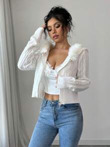 Chiquease Áo khoác cardigan lông trùm đầu tay dài màu trơn cổ khóa kéo thường ngày cho nữ, mùa thu/đông - Màu be - Xem 6