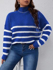 SHEIN Franclia Plus Size Women Half Turtleneck Striped Knit Sweater, Casual Style For Autumn/Winter