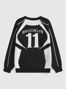 ROMWE MEN Street Life Men's Crew Neck Raglan Racing Number Knit Sweater - Black and White - View 2