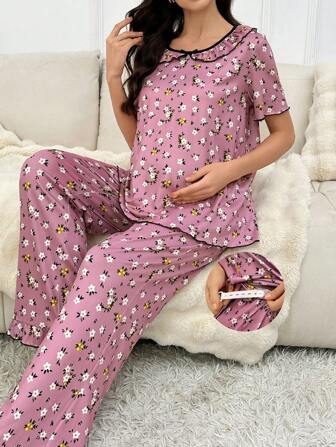 Moonlight & Mama Ditsy Floral Ruffle Collar Short Sleeve Loungewear Set For Pregnant Women