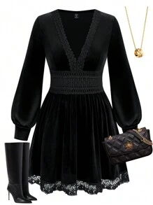 SHEIN Unity 大码女式纯色撞色蕾丝 V 领长袖优雅连衣裙