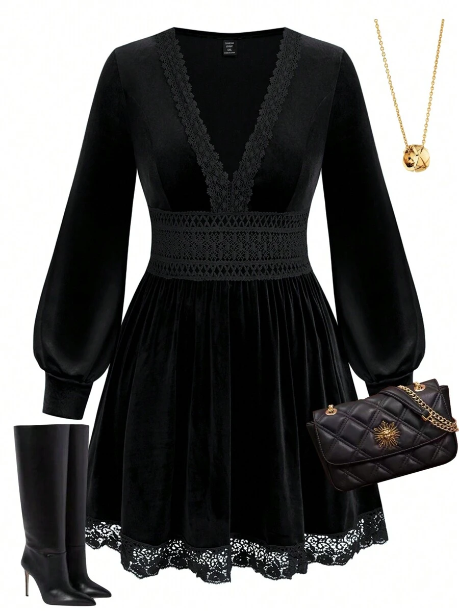 SHEIN Unity 大码女式纯色撞色蕾丝 V 领长袖优雅连衣裙