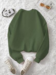 INAWLY 圆领长袖圣诞字母图案简约卫衣，休闲日常套头衫，秋季款 - 綠色 - 查看 2