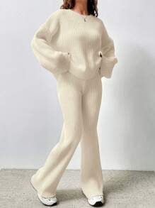 SHEIN Unity 2pcs Women Casual Solid Color Dropped Shoulder Loose Ribbed Knit Sweater And Flared Knit Pants Set - Beige - View 5