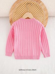 Cozy Pixies Young Girl Heart Pattern Knit Pullover Sweater, Casual Versatile Round Neck Drop Shoulder - Hot Pink - View 2