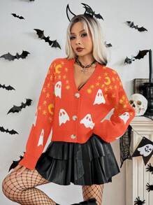 Chiquease 女士 V 领纽扣长袖万圣节卡通鬼月星印花开衫 - 彩色 - 查看 5