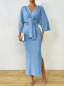 Celisse Women's Solid Color Front Tie Long Sleeve Casual Long Dress With Slit, Minimalist Style Maxi Women Outfit