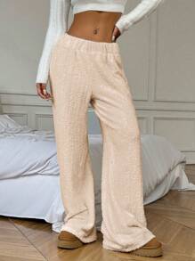 Flirla 女士纯色高腰松紧腰羊毛直筒裤 - 藕粉色 - 查看 3