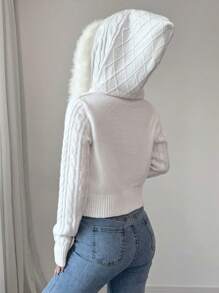 Chiquease Áo khoác cardigan lông trùm đầu tay dài màu trơn cổ khóa kéo thường ngày cho nữ, mùa thu/đông - Màu be - Xem 2