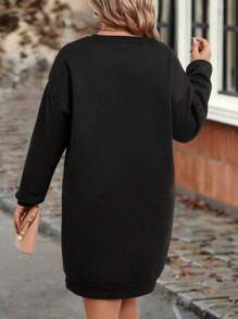 EMERY ROSE Plus Size Women Christmas Casual Leopard Print Christmas Tree & Letter Graphic Dropped Shoulder Loose Fleece Sweatshirt Dress, Autumn/Winter - Black - View 2