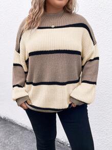 SHEIN LUNE Plus Size Casual Daily Colorblock Drop Shoulder Plus Size Sweater, Autumn/Winter Knit Pullover Fall Sweater - Multicolor - View 3