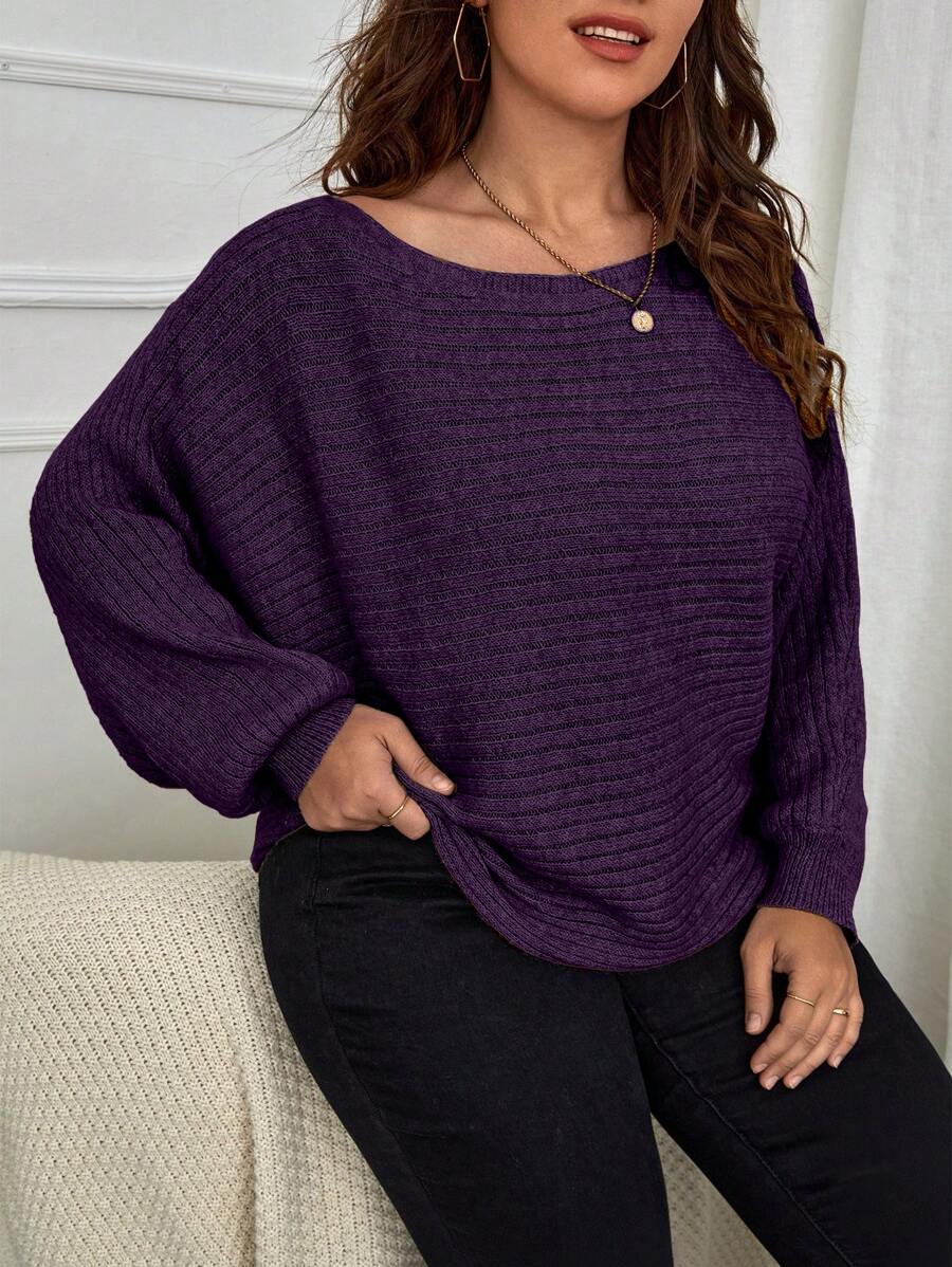 EMERY ROSE Plus Size Women's Solid Color Knitted Line Bat Wing Sleeve Versatile Regular Minimalist Elegant Pullover Sweater, Autumn/Winter Fall - Purple - View 1