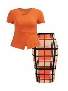 SHEIN Clasi 大码女式镂空领纯色短袖衬衫和格子 A 字裙针织夏季休闲套装 - 橘色 - 查看 1