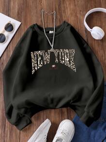 SHEIN Sparklyn Tween Girl Casual Plain Color Leopard Print Letter Round Neck Sweatshirt - Black - View 1