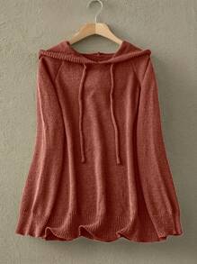 SHEIN LUNE 大码休闲纯色插肩袖抽绳连帽毛衣，适合秋冬季针织套头衫 - 咖啡棕 - 查看 1