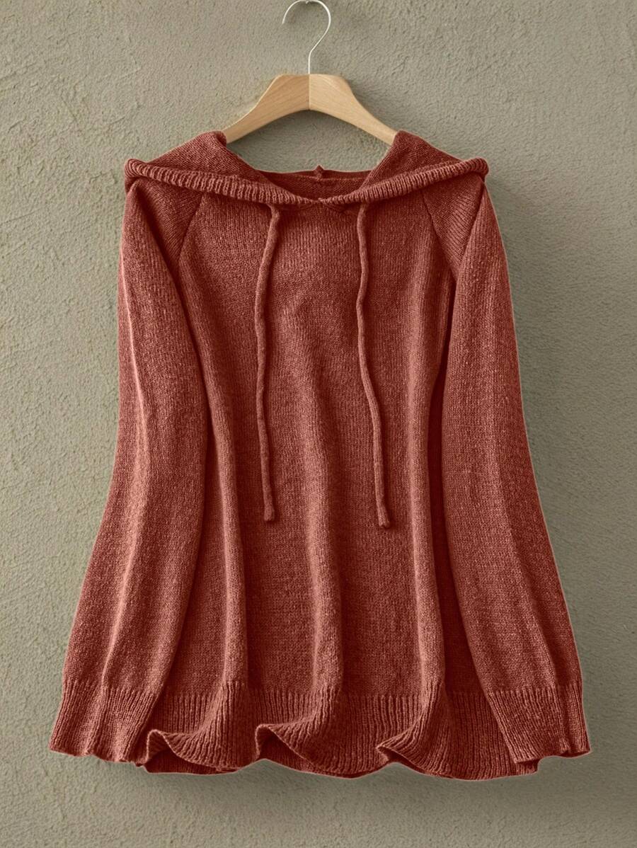 SHEIN LUNE 大码休闲纯色插肩袖抽绳连帽毛衣，适合秋冬季针织套头衫 - 咖啡棕 - 查看 1