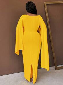 Maweii Váy dài tay bó sát thanh lịch viền bất đối xứng cỡ lớn cho nữ, trang phục Maxi mùa thu cho nữ - Màu vàng - Xem 2