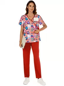 Printed Contrast V-Neck Pocket Top And Solid Color Elastic Waist Pants Scrub Set