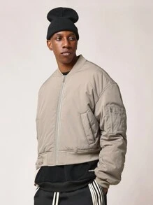 SUMWON Quilted Bomber Jacket With Zip Pockets Lightweight Insulated Fall Winter Flight Jacket Ribbed Collar Cuffs Waistband Athletic Streetwear Outerwear - Khaki - View 2