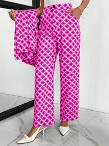 Chiquease Geometric Print Button Patch Pocket Straight Leg Pants - Hot Pink - View 3
