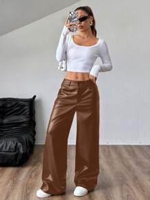 SHEIN Unity PU 皮革休闲时尚金属宽松直筒裤