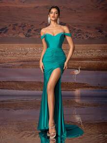 Women's Glamorous Rhinestone Off-Shoulder Ruched High Slit Evening Gown, Party Dress, Elegant Formal Prom Dress, For Wedding Guest, Graduation, Dinner - Green - View 5