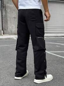 Manfinity Homme 男士休闲街头风格纯色抽绳腰拉链口袋拼接直筒工装裤，纯色长款度假直筒裤，送给老公、男朋友的礼物 - 黑色 - 查看 2