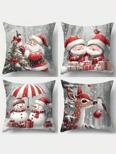 4 piezas, Decoración navideña, Nuevas Fundas de almohada con diseño de Papá Noel cálido del bosque, árbol de Navidad, muñeco de nieve, ciervo, gnomo y regalo, de 45 x 45 cm, para decoración de habitación, oficina, sala de estar, sofá, sin relleno