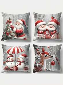 4 piezas, Decoración navideña, Nuevas Fundas de almohada con diseño de Papá Noel cálido del bosque, árbol de Navidad, muñeco de nieve, ciervo, gnomo y regalo, de 45 x 45 cm, para decoración de habitación, oficina, sala de estar, sofá, sin relleno