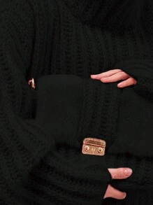 INAWLY Plus Size Solid Color Turtleneck Casual Long Sleeve Pullover Sweater, For Winter Knit Pullover Fall - Black - View 4